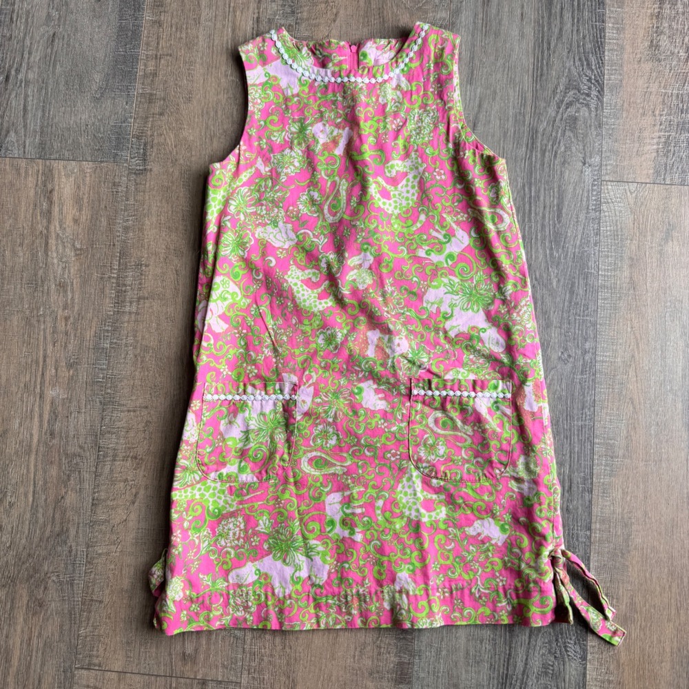 Lilly Pulitzer Girls Hotty Pink Green The Gang's All Here Shift Dress Size 12